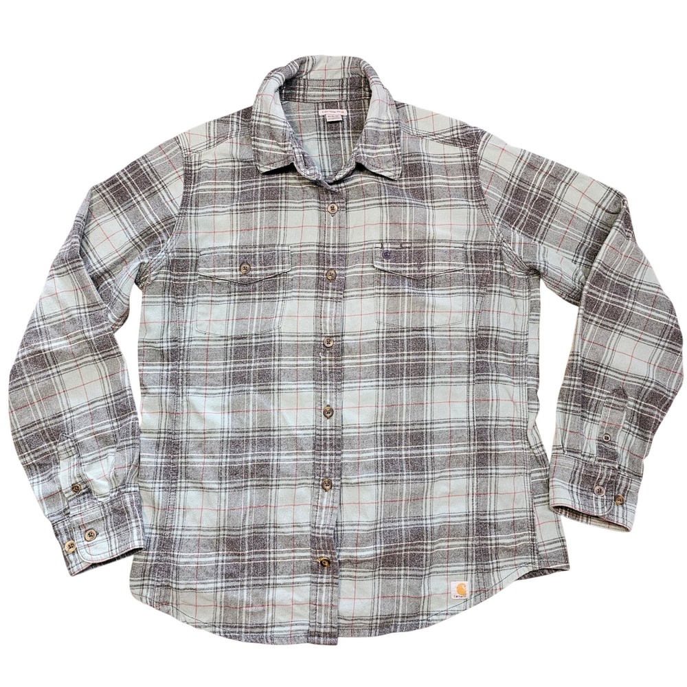 Carhartt Womens Gray Green Plaid Stretch Flannel Button Down Shirt Size M 8/10